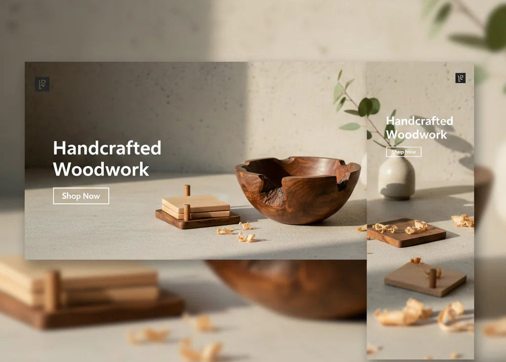Handcrafted woodwork display with wooden bowls and coasters on a neutral background.