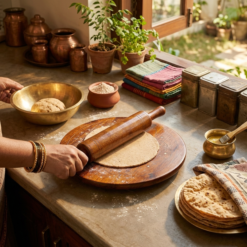 Sheesham Wood Chakla Belan Set | Hand-Crafted Rolling Board & Pin with Brass Inlay