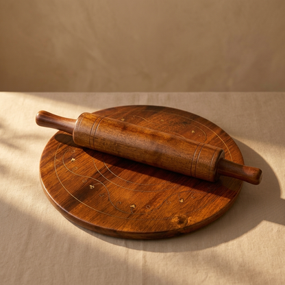 Sheesham Wood Chakla Belan Set | Hand-Crafted Rolling Board & Pin with Brass Inlay