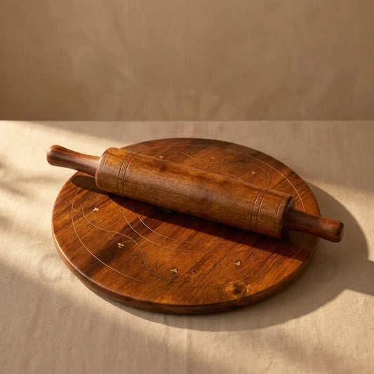 Sheesham Wood Chakla Belan Set | Handcrafted Rolling Board & Pin with Brass Inlay CRAFT WOOD