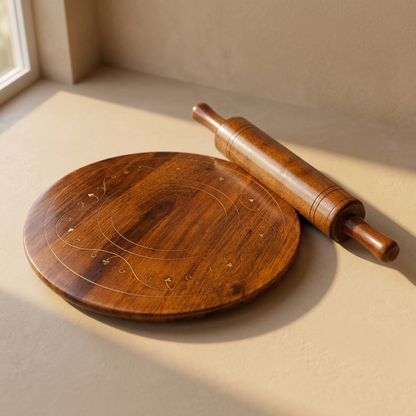 Sheesham Wood Chakla Belan Set | Hand-Crafted Rolling Board & Pin with Brass Inlay
