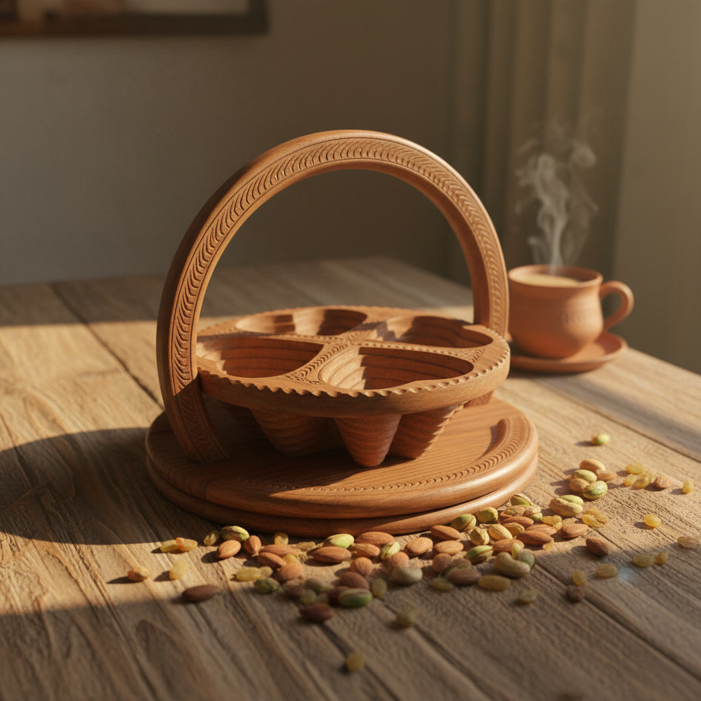 Handcrafted Sheesham Wood Dry Fruit Tokri | 4-Section Nut Serving Basket with Handle
