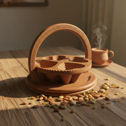 Handcrafted Sheesham Wood Dry Fruit Tokri | 4-Section Nut Serving Basket with Handle