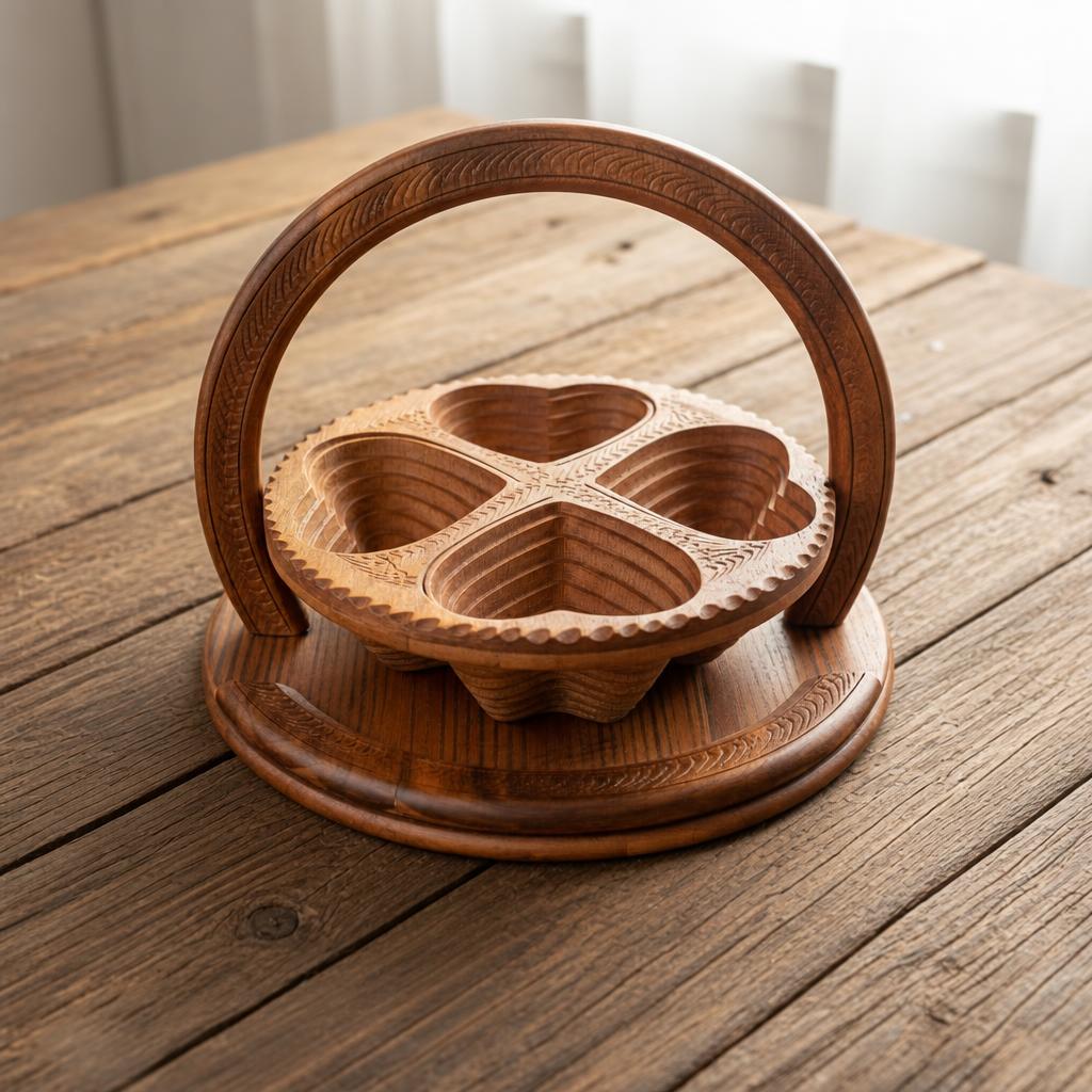Handcrafted Sheesham Wood Dry Fruit Tokri | 4-Section Nut Serving Basket with Handle