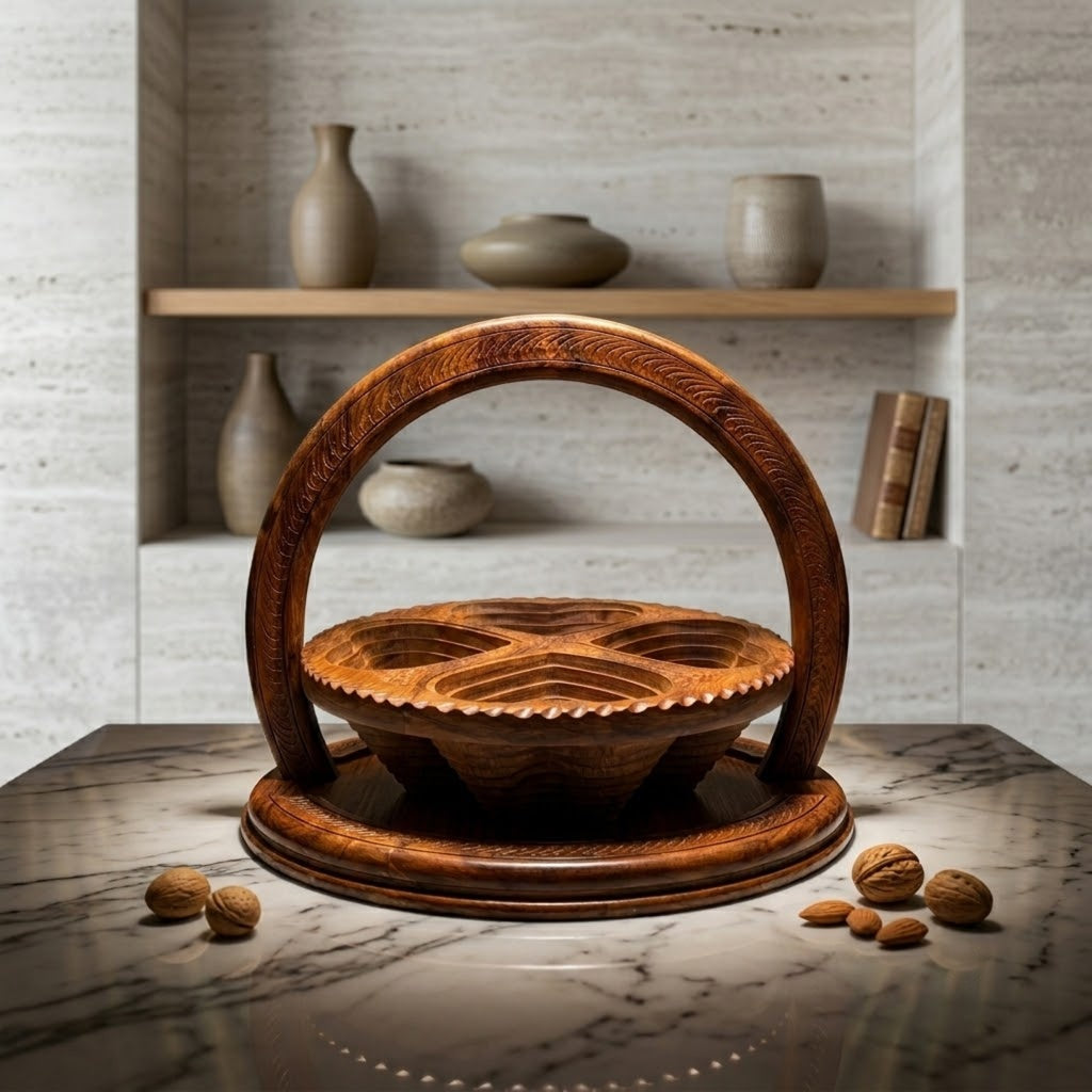 Handcrafted Sheesham Wood Dry Fruit Tokri | 4-Section Nut Serving Basket with Handle