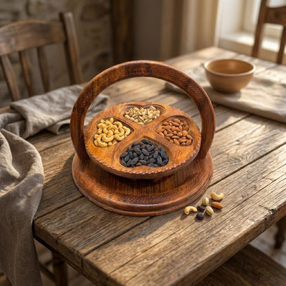 Handcrafted Sheesham Wood Dry Fruit Tokri | 4-Section Nut Serving Basket with Handle