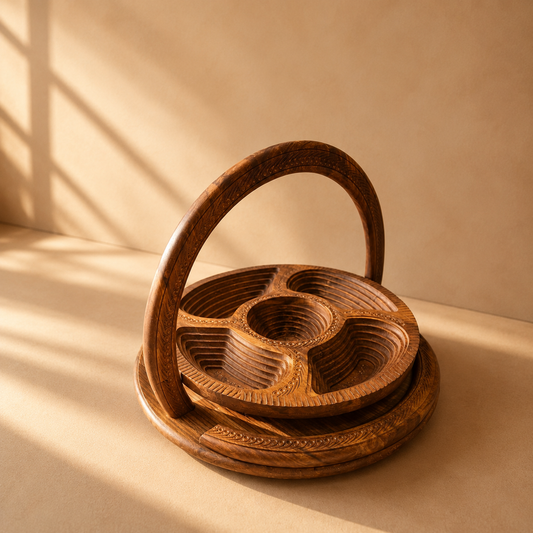Sheesham Wood Dry Fruit Basket | 5-Compartment Carved Serving Tray with Handle CRAFT WOOD