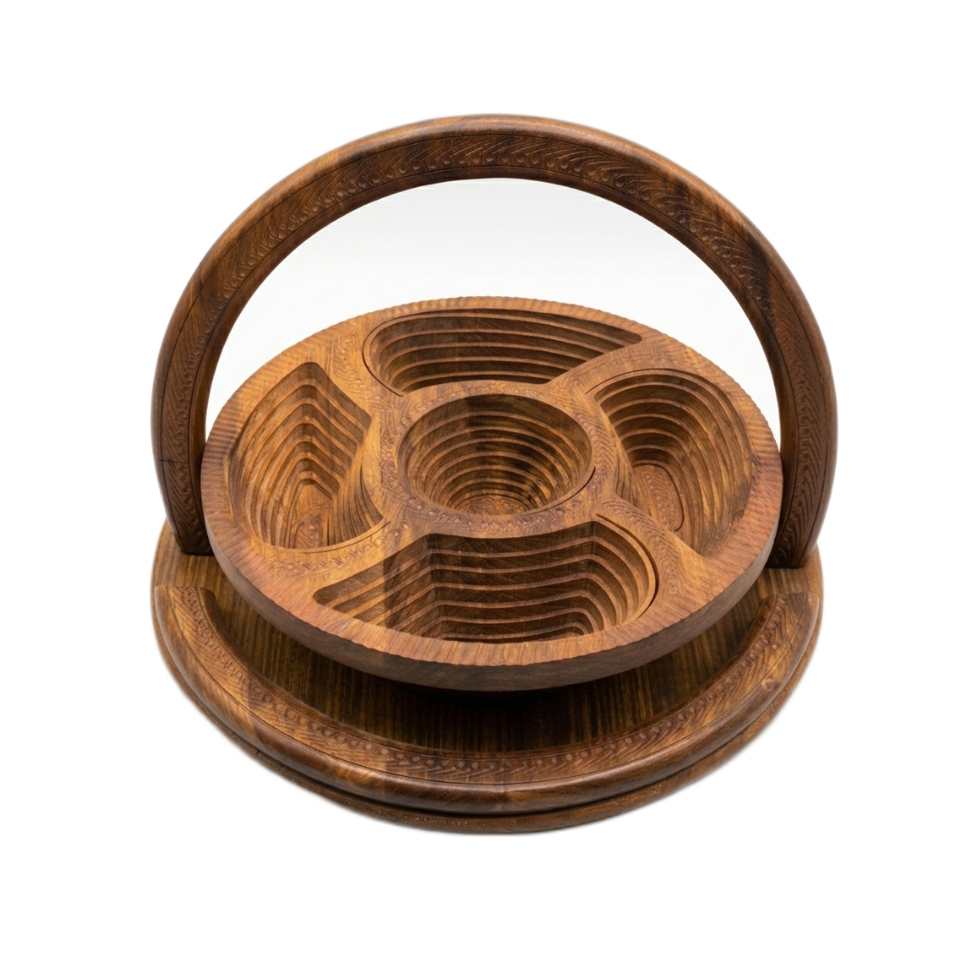 Sheesham Wood Dry Fruit Basket | 5-Compartment Carved Serving Tray with Handle