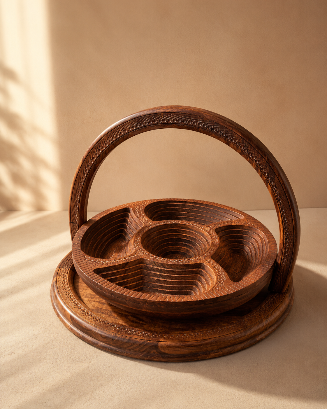 Sheesham Wood Dry Fruit Basket | 5-Compartment Carved Serving Tray with Handle