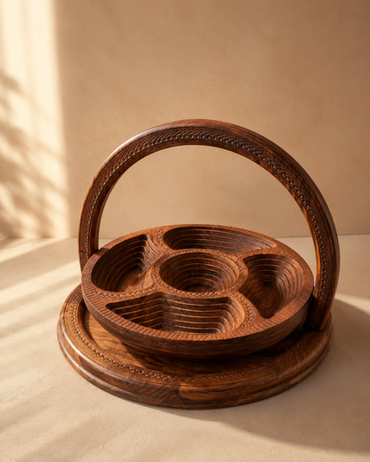 Sheesham Wood Dry Fruit Basket | 5-Compartment Carved Serving Tray with Handle