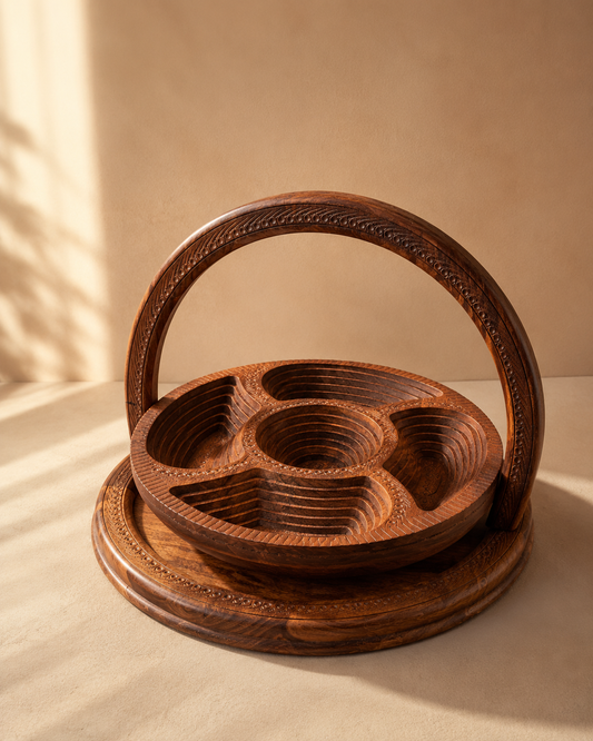 Sheesham Wood Dry Fruit Basket | 5-Compartment Carved Serving Tray with Handle CRAFT WOOD