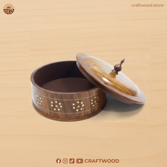 Handcrafted Wooden Hotpot with Brass Inlay Work