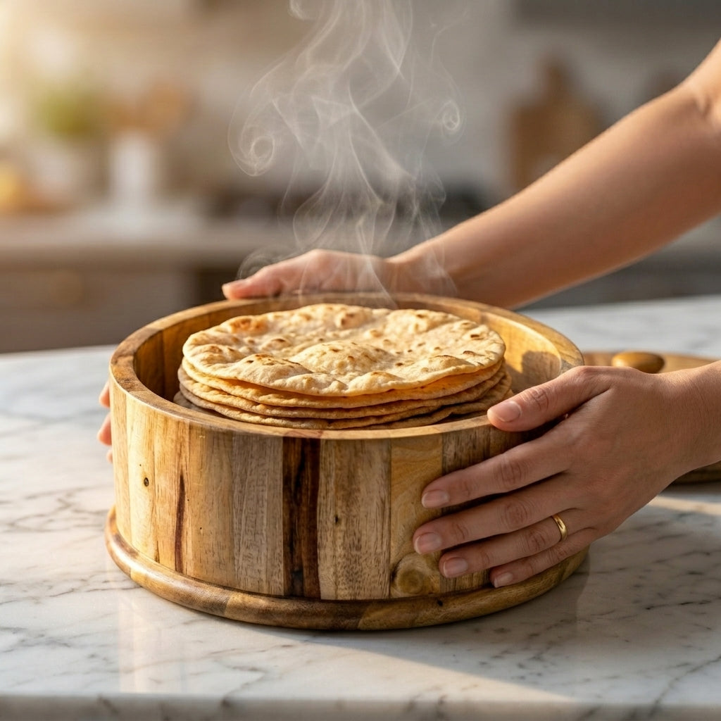 Natural Light Wood Hotpot | Round Roti Box, Solid Wood