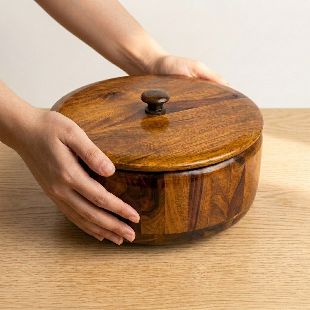 Hotpot Sheesham Wood  | Round Wooden Roti Box with Lid