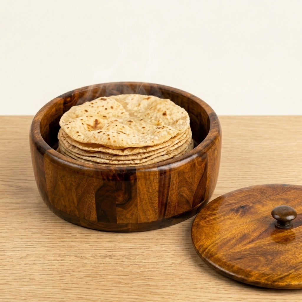 Hotpot Sheesham Wood  | Round Wooden Roti Box with Lid