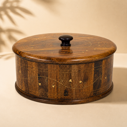 Wooden Hotpot with Brass Inlay Work — Round Box with Lid