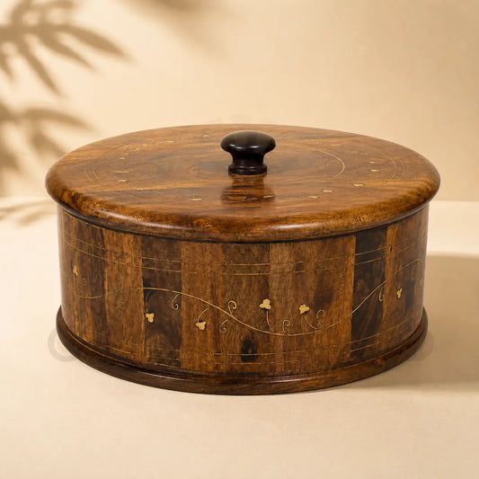 Wooden Hotpot with Brass Inlay Work — Round Box with Lid CRAFT WOOD
