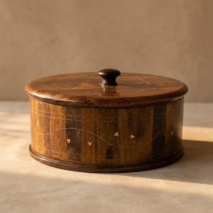 Wooden Hotpot with Brass Inlay Work — Round Box with Lid