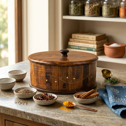 Wooden Hotpot with Brass Inlay Work — Round Box with Lid
