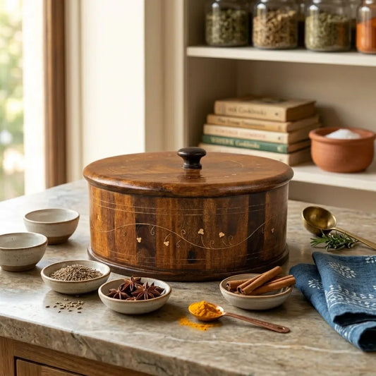 Wooden Hotpot with Brass Inlay Work — Round Box with Lid CRAFT WOOD