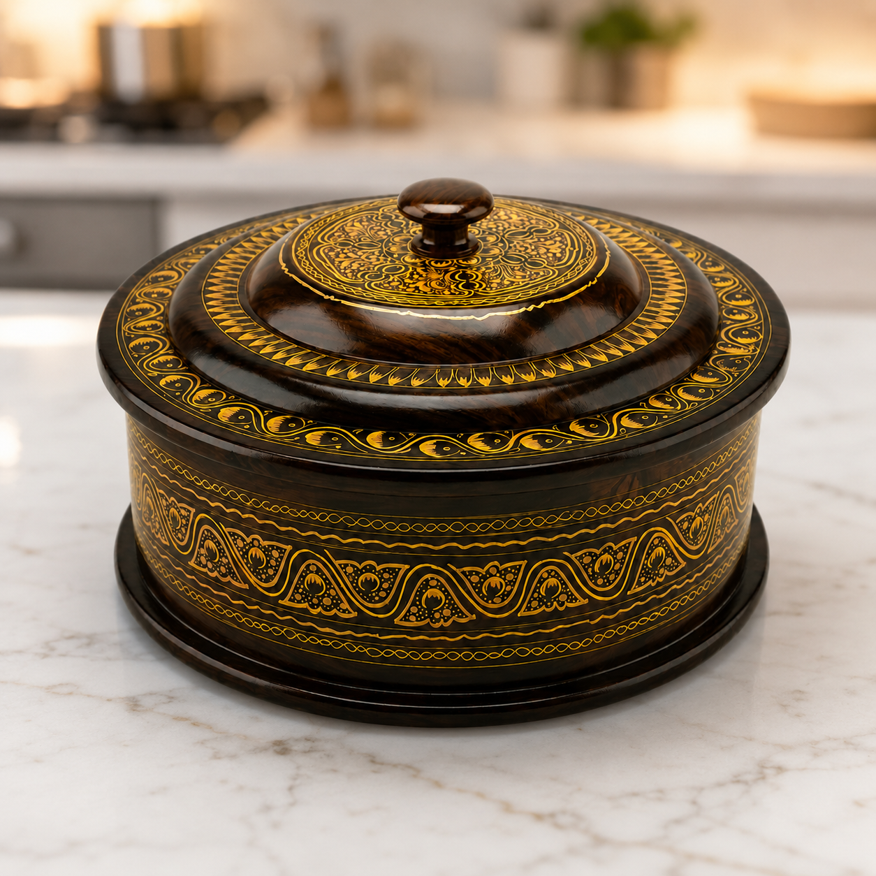 Sheesham Wood Naqshi Hotpot | Hand-Painted Roti Box with Steel Bowl