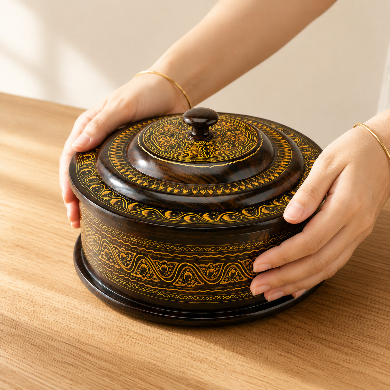 Sheesham Wood Naqshi Hotpot | Hand-Painted Roti Box with Steel Bowl