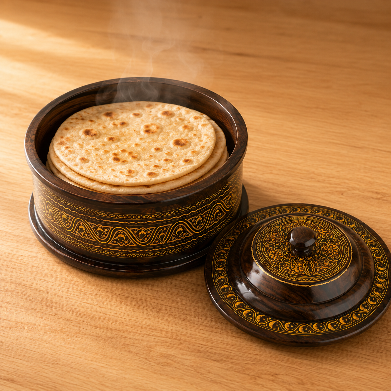 Sheesham Wood Naqshi Hotpot | Hand-Painted Roti Box with Steel Bowl