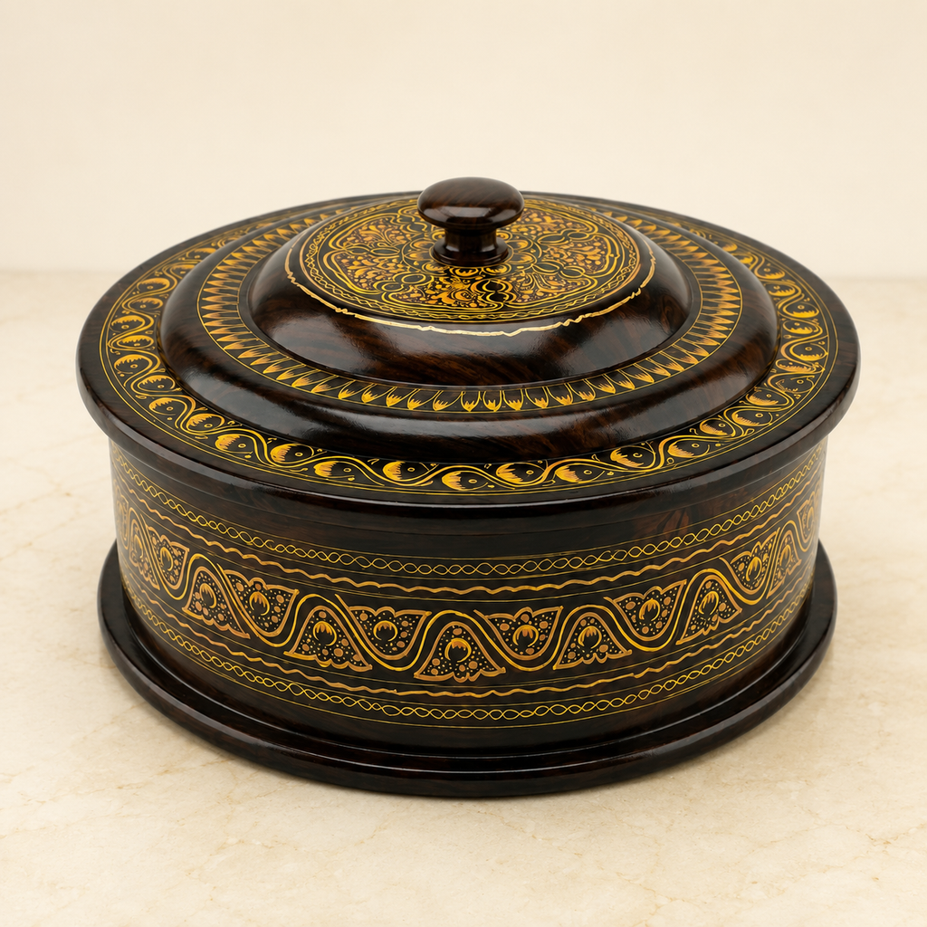 Sheesham Wood Naqshi Hotpot | Hand-Painted Roti Box with Steel Bowl