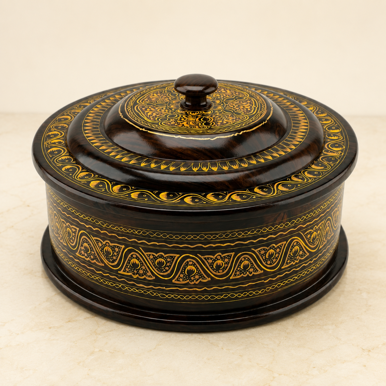 Sheesham Wood Naqshi Hotpot | Hand-Painted Roti Box with Steel Bowl