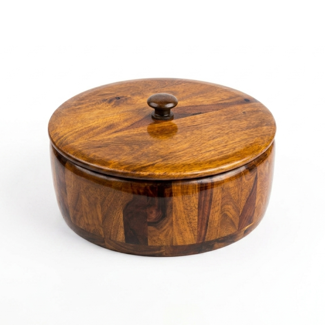 Hotpot Sheesham Wood  | Round Wooden Roti Box with Lid