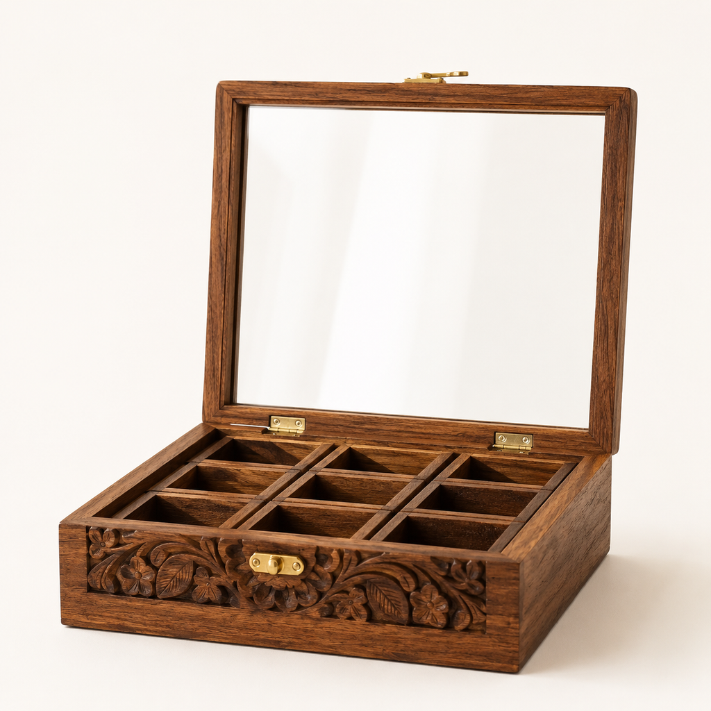 Sheesham Wood Carved Masala Box | 9-Compartment Spice Organizer with Glass Lid