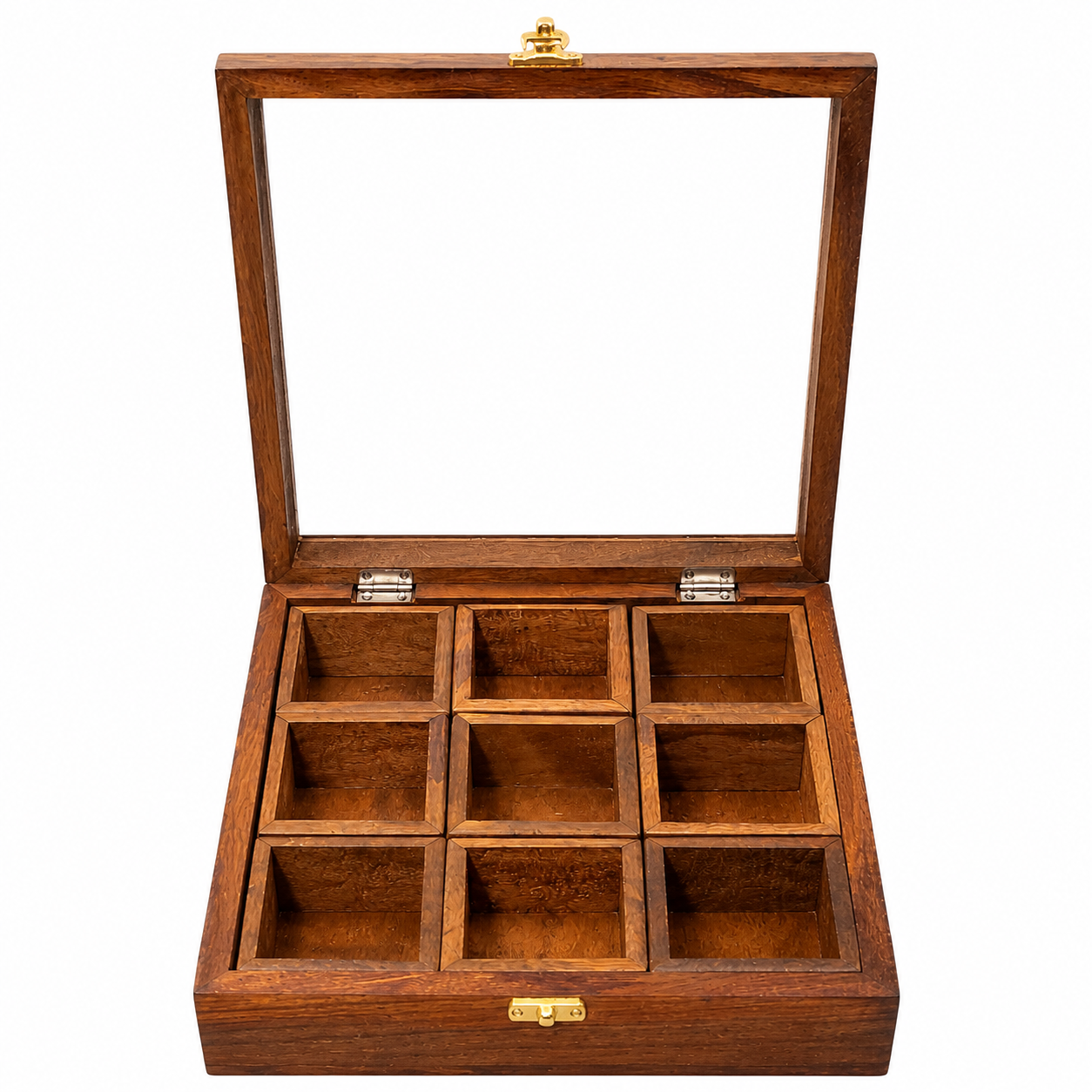 A wooden jewelry box with a hinged glass lid, open to reveal nine individual compartments inside, finished in a warm medium brown wood tone with small gold-tone metal accents.