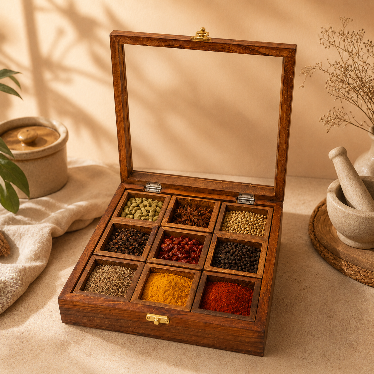An open wooden spice box with a glass lid, displaying nine compartments filled with various colorful spices, set on a beige surface with a warm, rustic background.