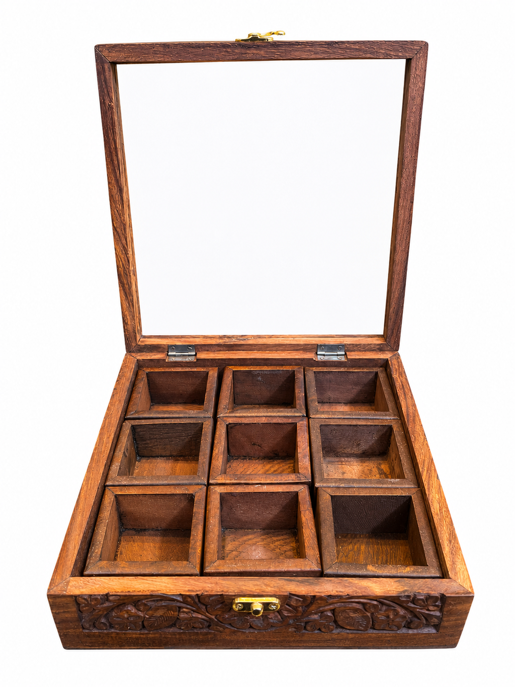 Sheesham Wood Carved Masala Box | 9-Compartment Spice Organizer with Glass Lid
