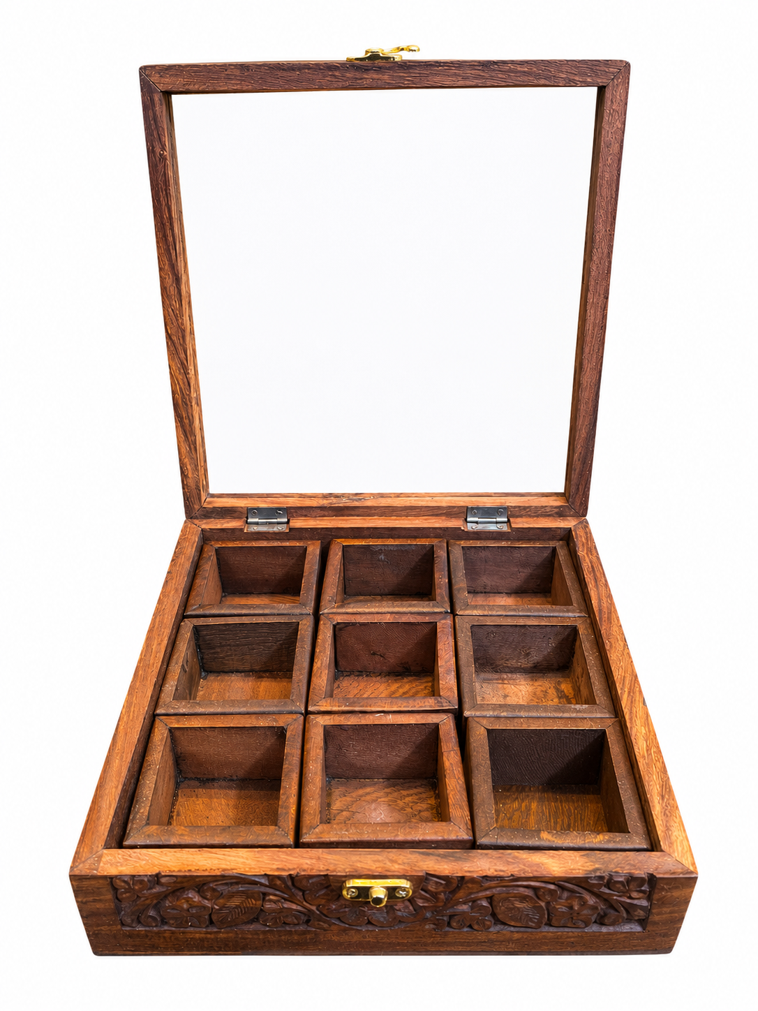 Sheesham Wood Carved Masala Box | 9-Compartment Spice Organizer with Glass Lid