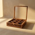 Sheesham Wood Carved Masala Box | 9-Compartment Spice Organizer with Glass Lid