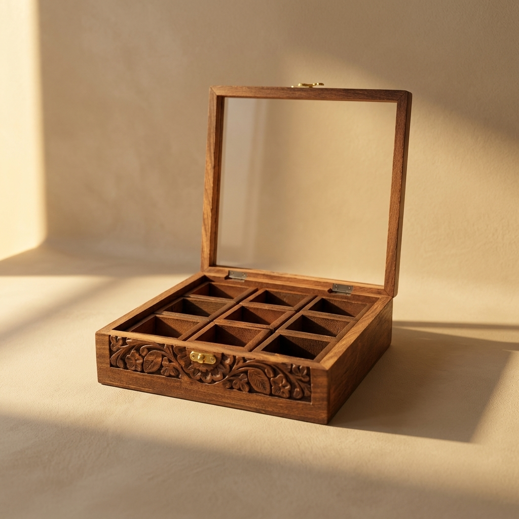 Sheesham Wood Carved Masala Box | 9-Compartment Spice Organizer with Glass Lid