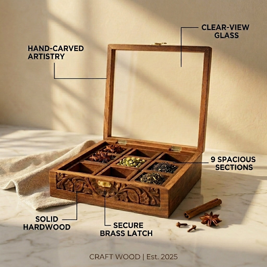 Sheesham Wood Carved Masala Box | 9-Compartment Spice Organizer with Glass Lid