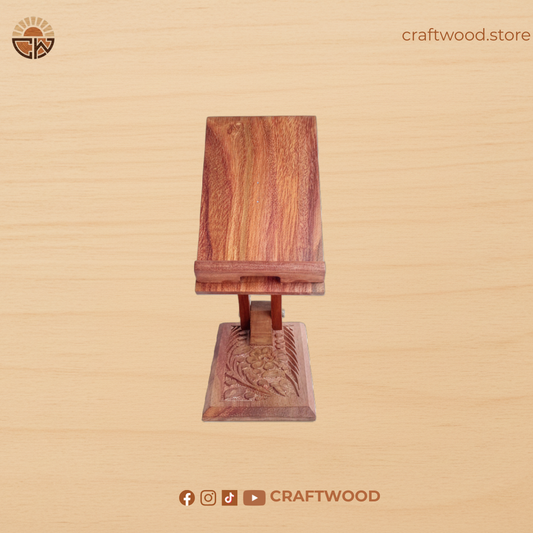 Handmade Wooden Mobile Stand – Carved Base Phone Holder for Desk