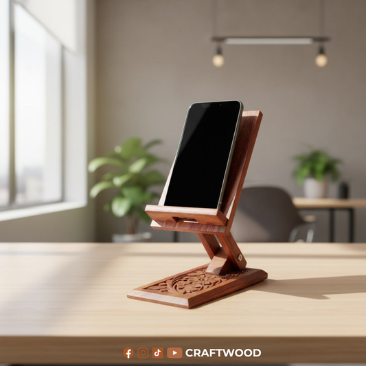Handmade Wooden Mobile Stand – Carved Base Phone Holder for Desk
