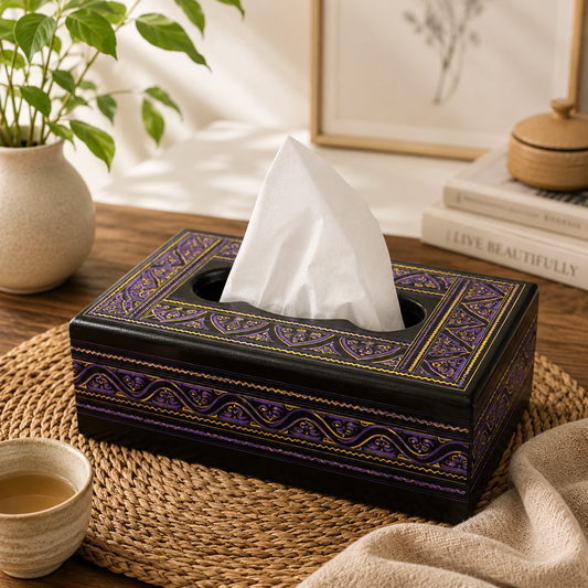 Tissue Box | Traditional Black, Purple & Gold Design