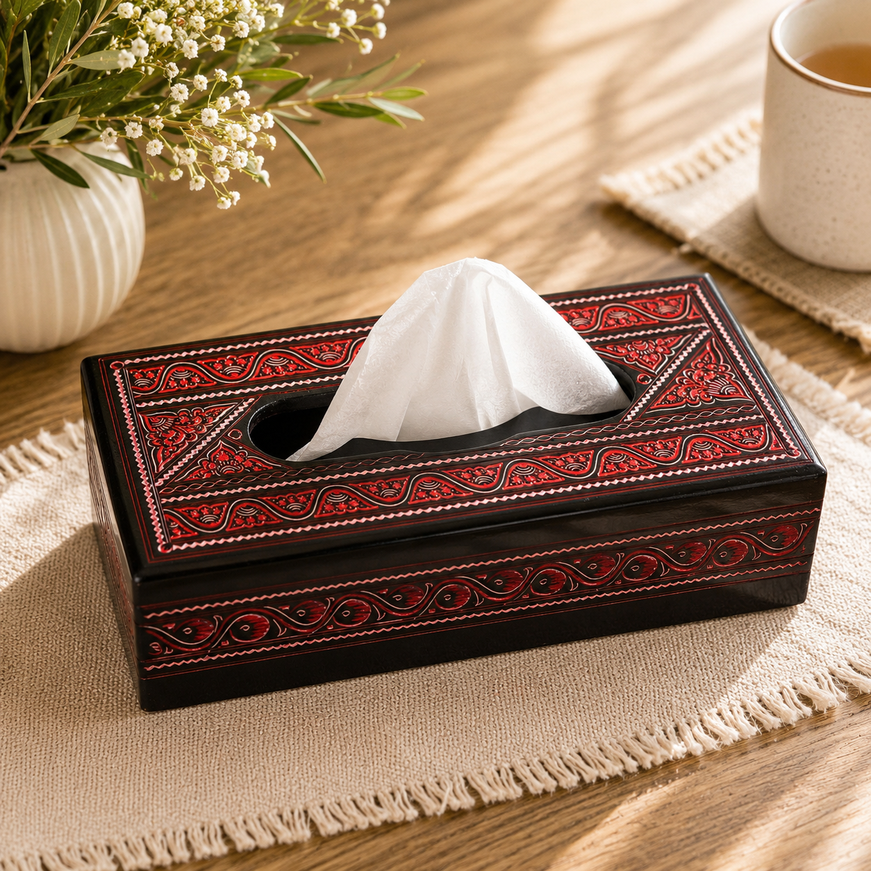 Tissue Box | Traditional Black & Red Art Design