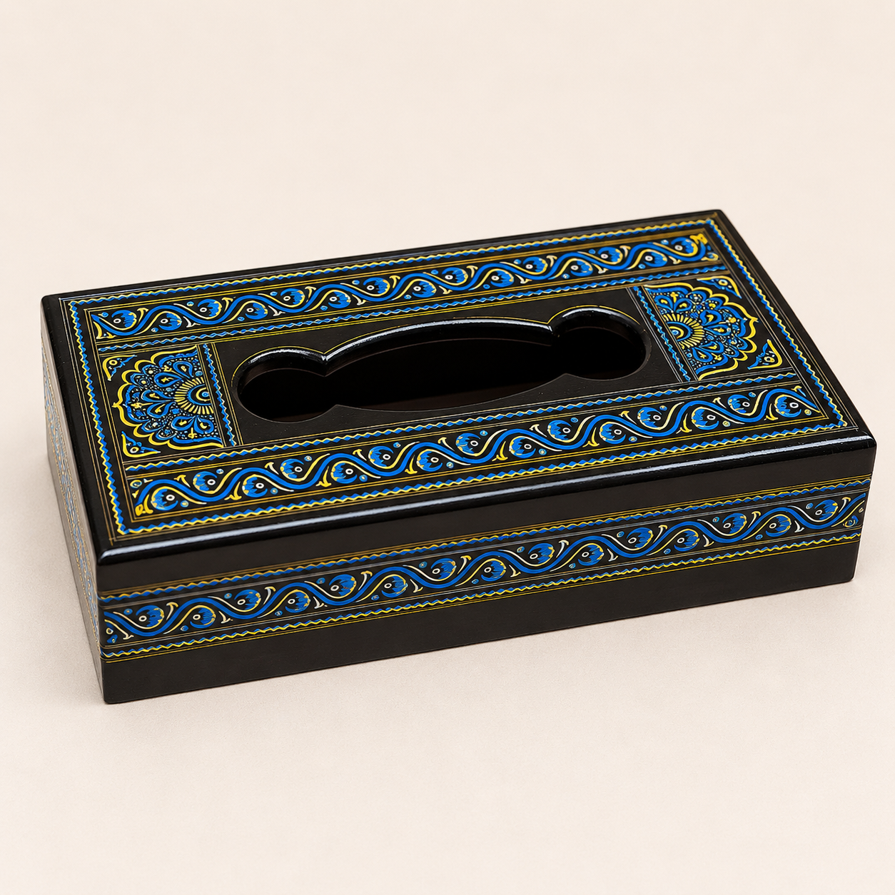 Tissue Box | Traditional Black, Blue & Gold Art Design