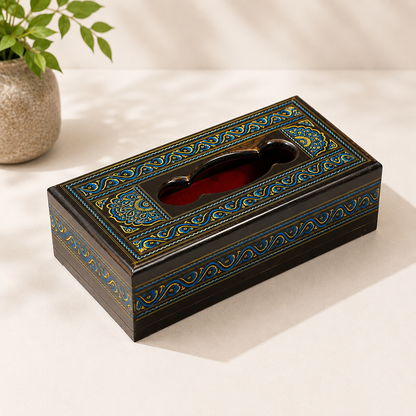 Tissue Box | Traditional Black, Blue & Gold Art Design