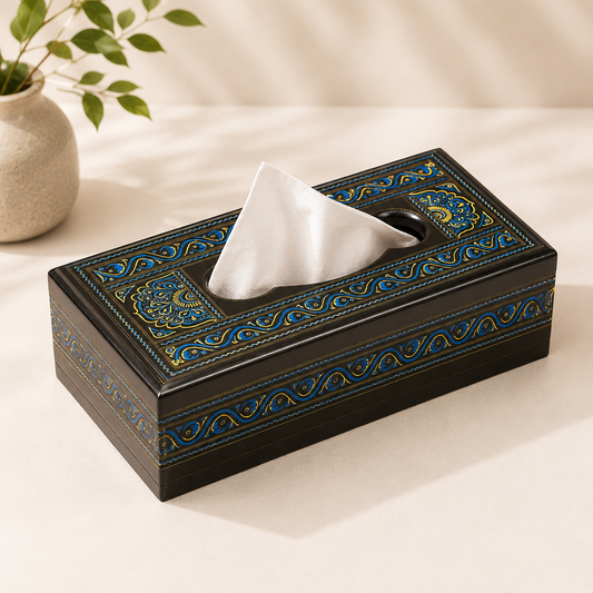 Tissue Box | Traditional Black, Blue & Gold Art Design CRAFT WOOD 