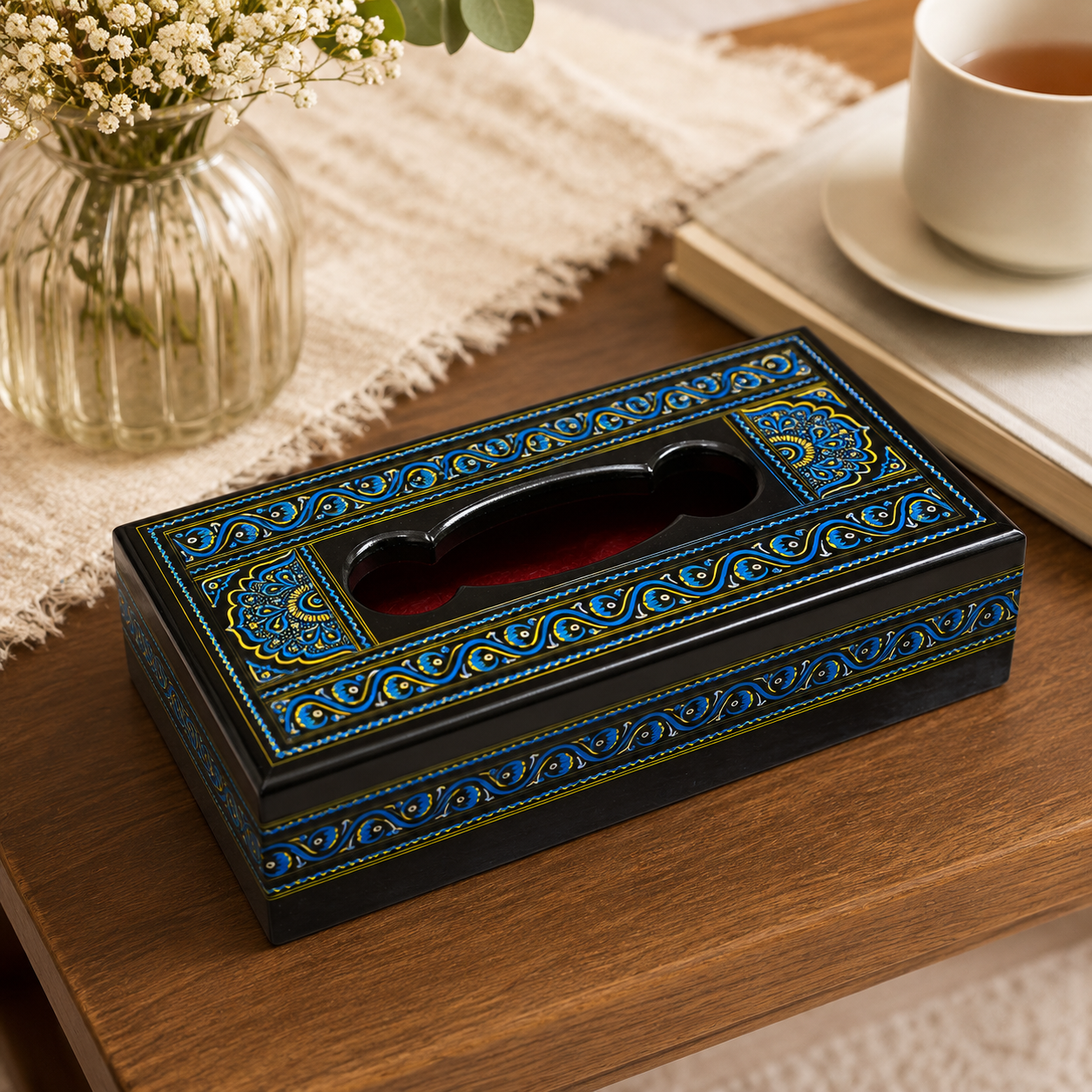 Tissue Box | Traditional Black, Blue & Gold Art Design