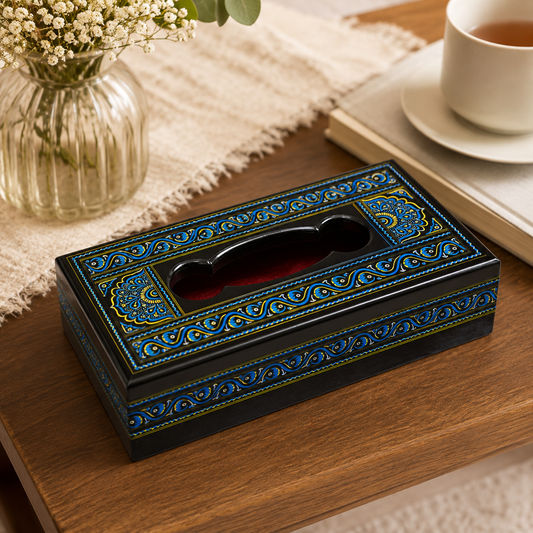 Tissue Box | Traditional Black, Blue & Gold Art Design CRAFT WOOD 