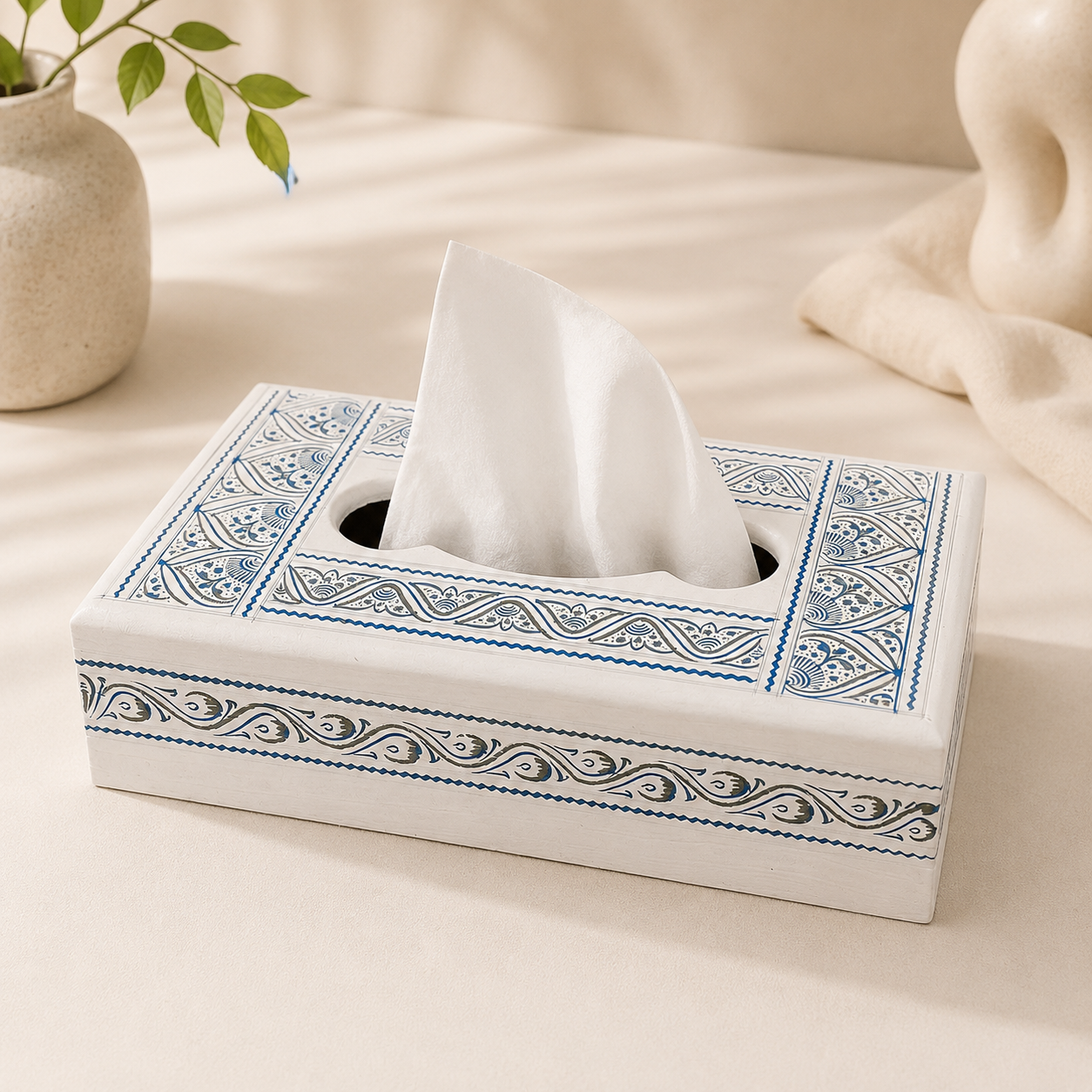 Tissue Box | Traditional White & Blue Art Design