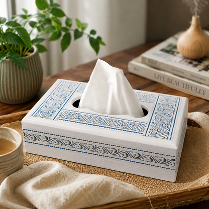 Tissue Box | Traditional White & Blue Art Design