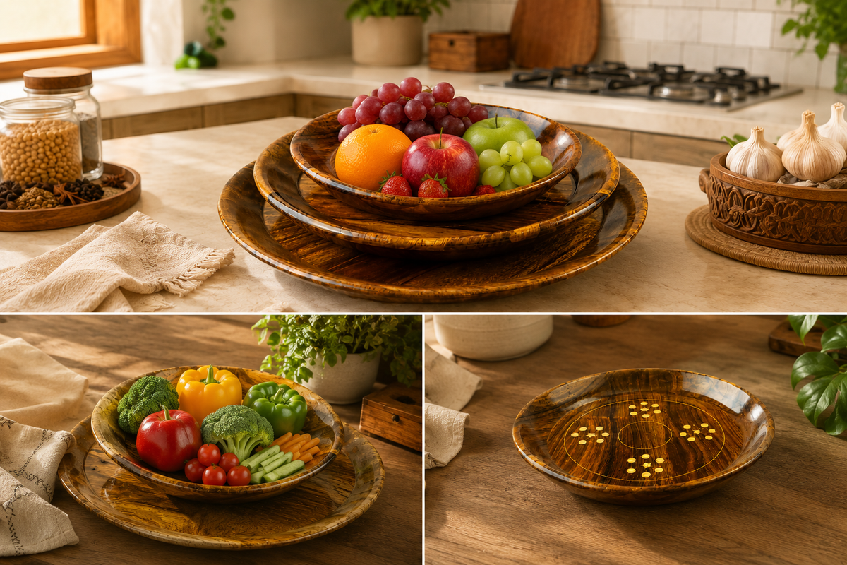 A collage of three photos showing rustic wooden serving bowls and plates filled with fruit, vegetables, garlic, and grains in a warm kitchen setting. The top panel shows stacked brown wood bowls on a countertop, the bottom-left shows the bowls styled with fresh produce, and the bottom-right shows a close-up of a single bowl on a wooden table.